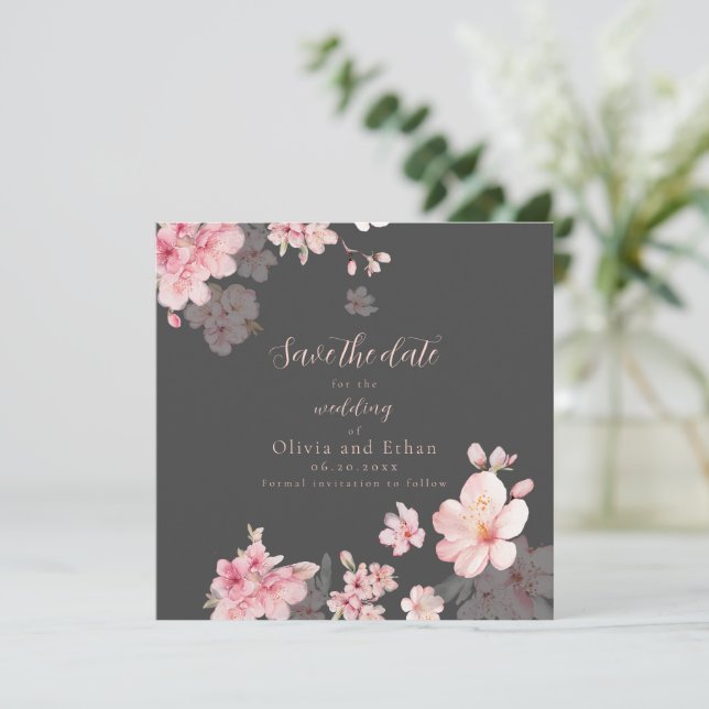Chic Pink Sakura Flowers on Save the Date Invitation (Standing Front)