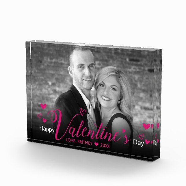 Chic Pink Script Hearts Black White Photo Modern Block (Right)