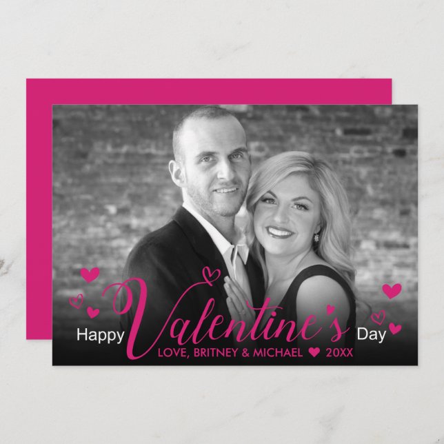 Chic Pink Script Hearts Modern Black White Photo (Front/Back)