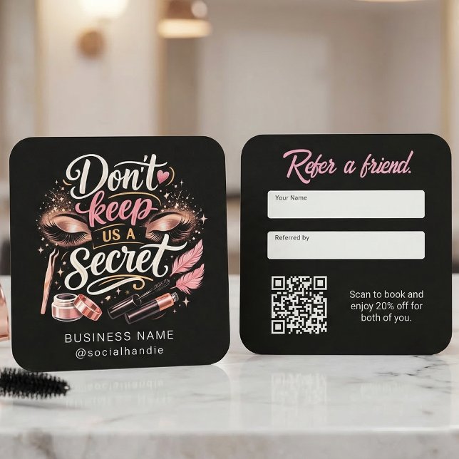 Chic Pink Script Referral Business Card QR Code (Beauty referral card with bold glam typography and QR code)