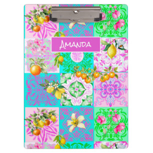 Chic pink sicilian citrus collage floral tiles clipboard