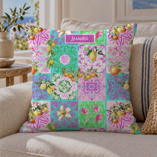 Chic pink sicilian citrus collage floral tiles cushion