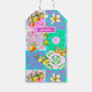 Chic pink sicilian citrus collage floral tiles gift tags