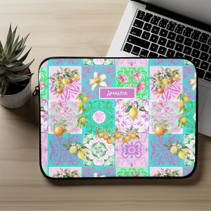 Chic pink sicilian citrus collage floral tiles laptop sleeve