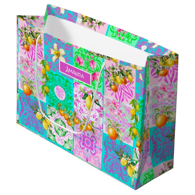 Chic pink sicilian citrus collage floral tiles large gift bag (Front Angled)