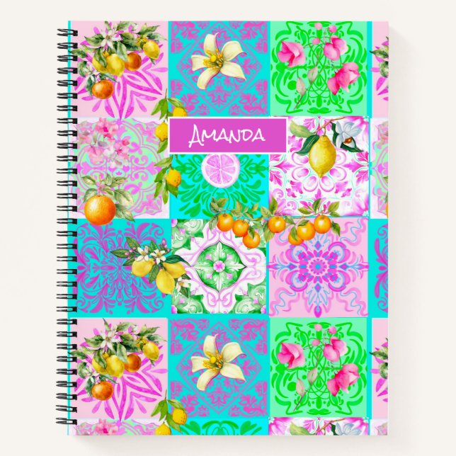 Chic pink sicilian citrus collage floral tiles notebook (Front)