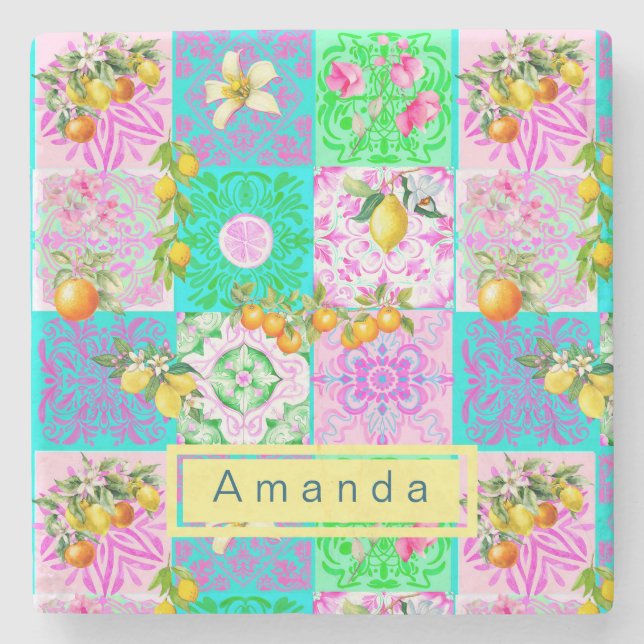 Chic pink sicilian citrus collage floral tiles stone coaster (Front)