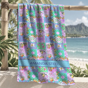 Chic Pink Sicilian Citrus Floral Tile Collage Beach Towel