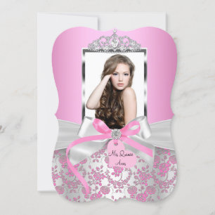 Chic Pink Silver Bow & Rose Photo Quinceanera Invitation