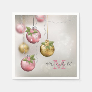 Chic Pink Silver Gold Ornaments Monogram Napkin