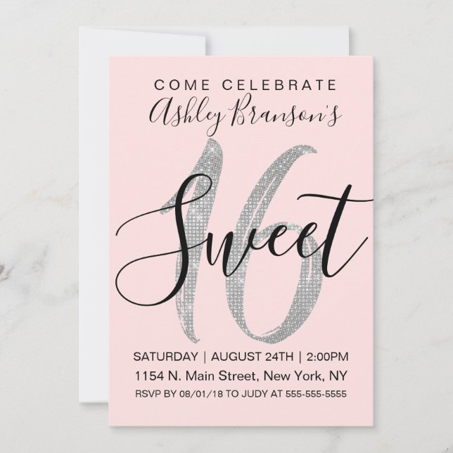 Chic Pink Silver Sequin Glitter Sweet 16 Invitation (Front)