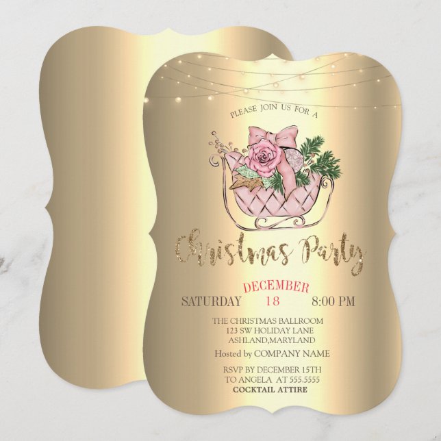 Chic Pink Sleigh,String Lights Gold Invitation (Front/Back)