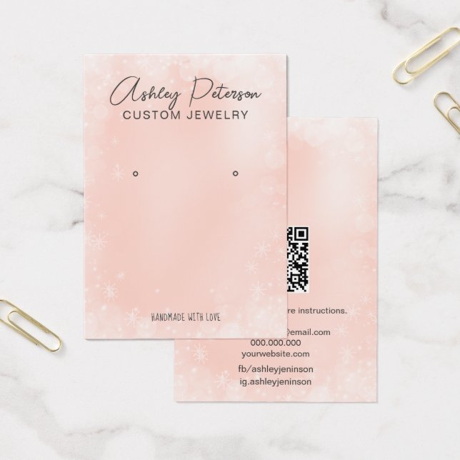 Chic pink snow festive QR code earring display (Office)