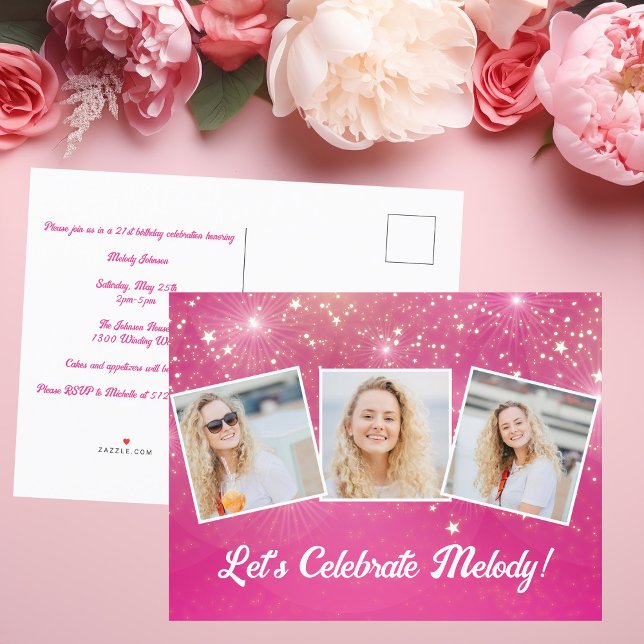 Chic Pink Sparkle Photo Collage Birthday Party Invitation Postcard (Creator Uploaded)