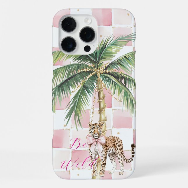 Chic Pink Squares Gold Palm Tree Leopard iPhone Case (Back)