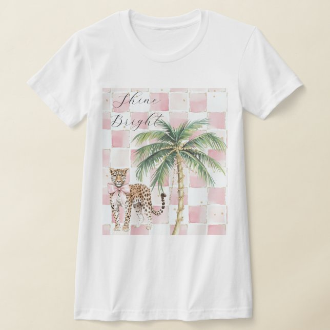 Chic Pink Squares Gold Palm Tree Leopard T-Shirt (Laydown)