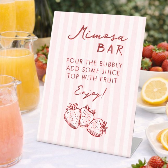 Chic Pink Strawberry Bridal Shower Mimosa Bar Pedestal Sign (Creator Uploaded)