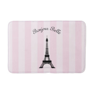 Chic Pink Stripe Paris Eiffel Tower in French Bath Mat