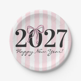 Chic Pink Striped Bow 2027 New Year Party Paper Plate
