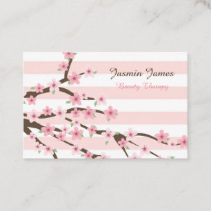 Chic, Pink Striped Cherry Blossom Flower Pattern Business Card