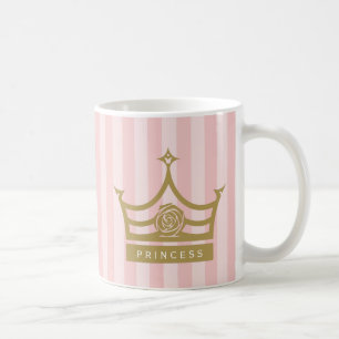 Chic Pink Stripes and Gold Rose Princess Crown Coffee Mug