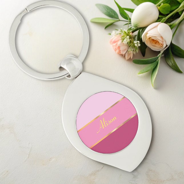 chic pink stripes gold Name  Key Ring (Creator Uploaded)