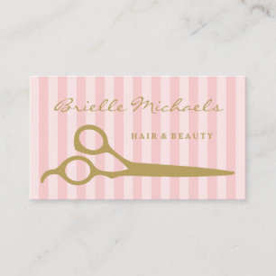 Chic Pink Stripes Gold Scissors Hair and Beauty Business Card