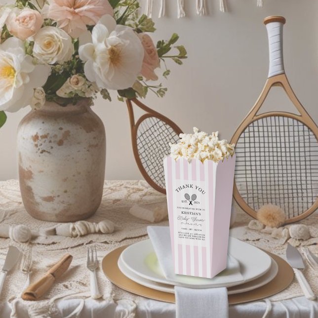 Chic Pink Stripes Tennis Thank You Baby Shower Favour Box (elegant pink stripes popcorn favor boxes for tennis theme baby shower at chic country club events)