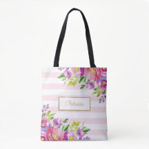 Chic Pink Stripes Watercolor Floral Tote Bag
