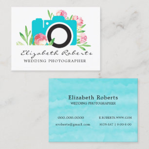 Chic Pink Teal Floral Camera Wedding Photographer  Business Card