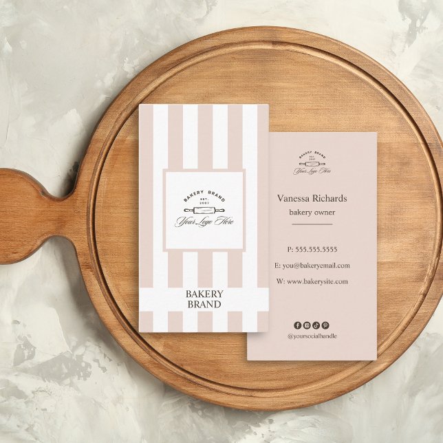 Chic Pink Vertical French Striped Bakery Logo Business Card (Creator Uploaded)