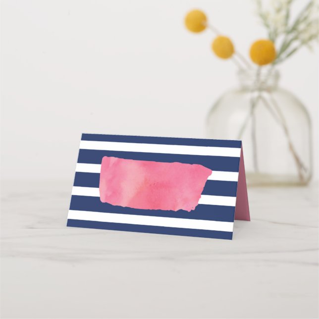 Chic Pink Watercolor and Blue Stripes Place Card (Front)