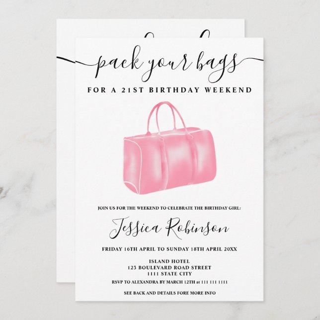 Chic pink watercolor bag birthday program weekend invitation (Front/Back)