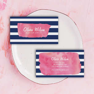 Chic Pink Watercolor Blue Stripes Makeup Artist Business Card