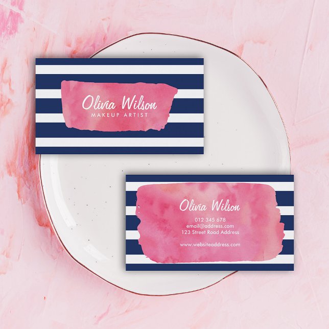 Chic Pink Watercolor Blue Stripes Makeup Artist Business Card (Creator Uploaded)