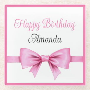 Chic Pink Watercolor Bow Sweet 16 Birthday Glass Coaster