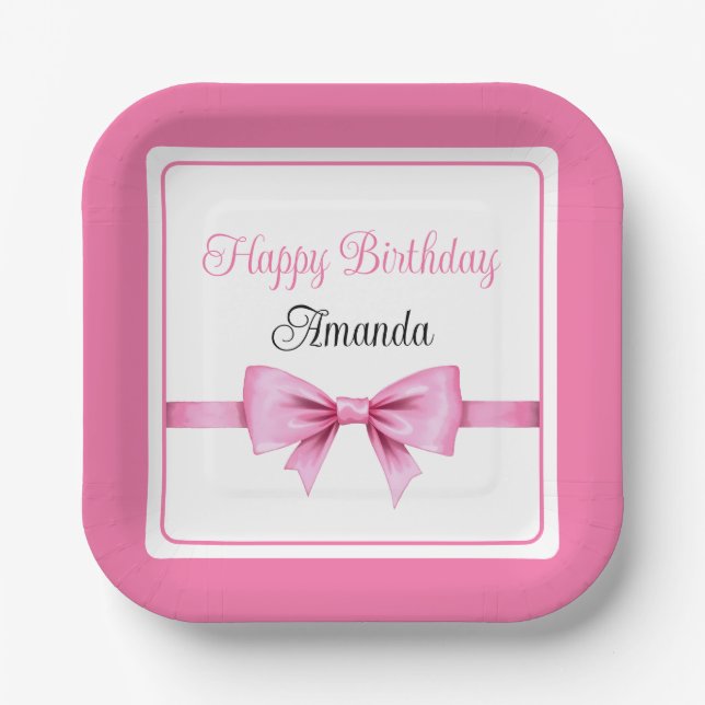 Chic Pink Watercolor Bow Sweet 16 Birthday Paper Plate (Front)