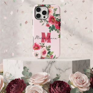 Chic Pink Watercolor Burgundy Floral Custom Name iPhone 16 Pro Max Case