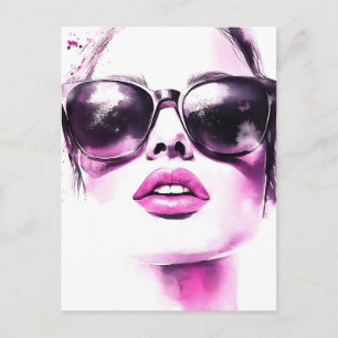 Chic Pink Watercolor Fashion Woman Sunglasses Holiday Postcard