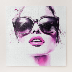 Chic Pink Watercolor Fashion Woman Sunglasses Jigsaw Puzzle