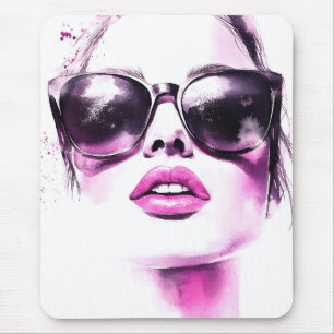 Chic Pink Watercolor Fashion Woman Sunglasses Mouse Pad