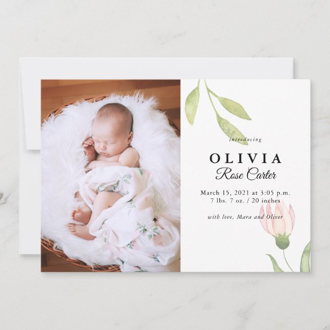 Chic Pink Watercolor Floral Birth Announcement (Front)