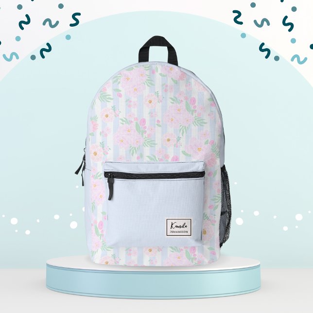 Chic Pink Watercolor Floral & Stripes Monogrammed Printed Backpack (Creator Uploaded)