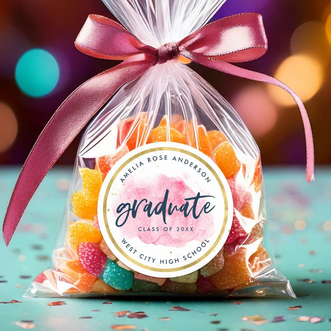 Chic Pink Watercolor Gold Graduate Classic Round Sticker (Creator Uploaded)