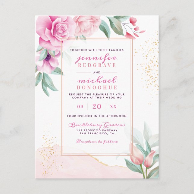 Chic Pink Watercolor Rose Buds Classic Wedding Invitation Postcard (Front)