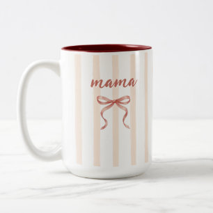 Chic Pink Watercolor Stripes and Bow Mama Custom Two-Tone Coffee Mug