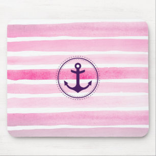 Chic Pink Watercolors Stripes Nautical Anchor Mouse Pad