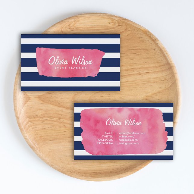 Chic Pink Watercolour & Blue Stripes Social Media Business Card (Creator Uploaded)