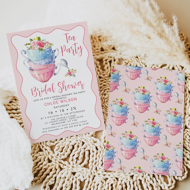 Chic Pink Wave Floral Bridal Shower Tea Party Invitation (Pink wave bridal shower tea party great for anyone who likes chic invitation designs.)