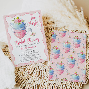 Chic Pink Wave Floral Bridal Shower Tea Party Invitation